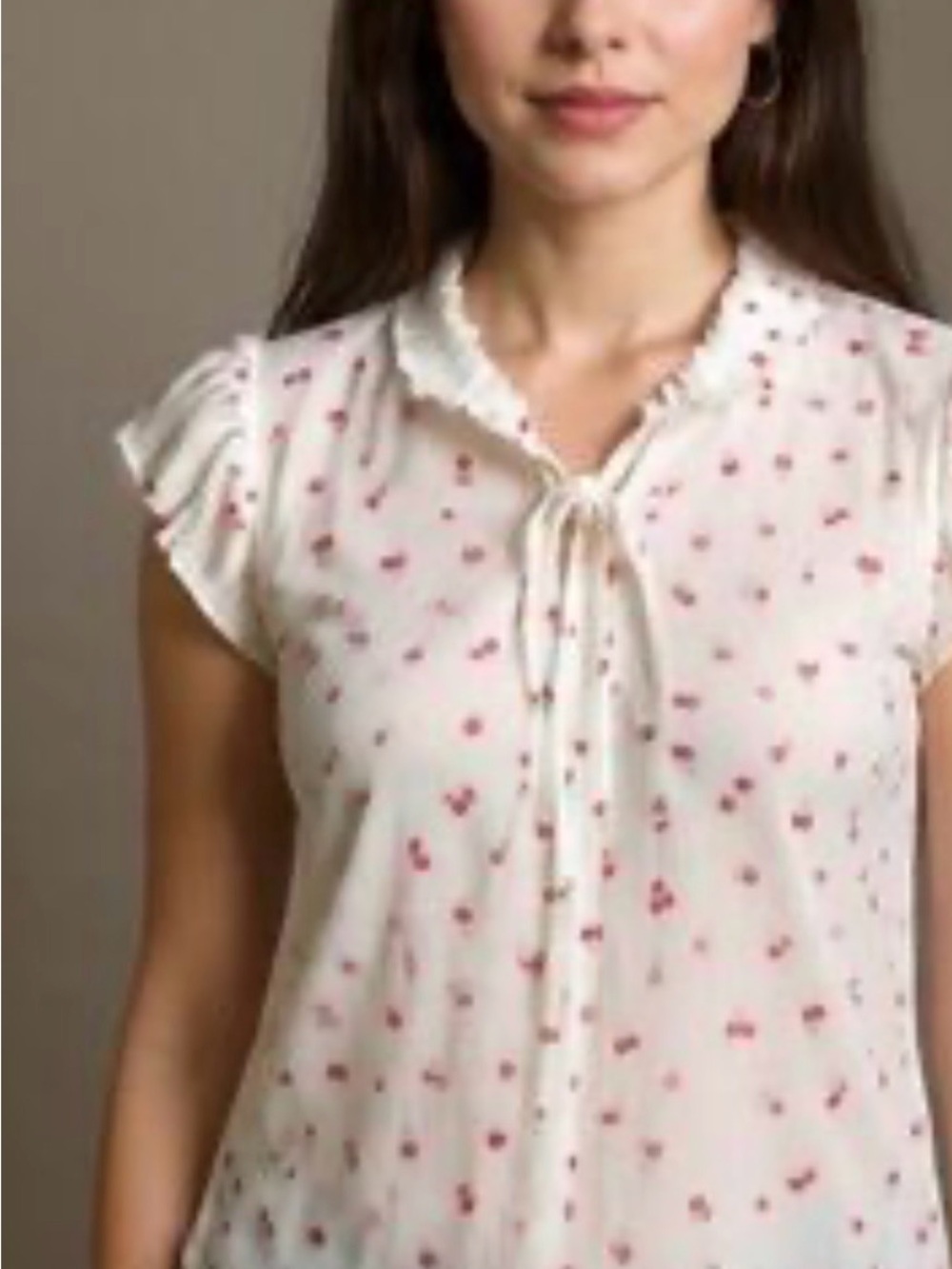 Ann Taylor Cream Blouse with Pink Floral Tie Neck